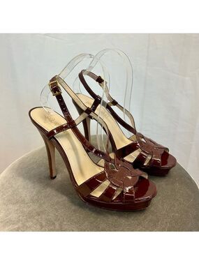 Colin Stuart burgundy patent strappy square toe platform high heel sandals Sz 9